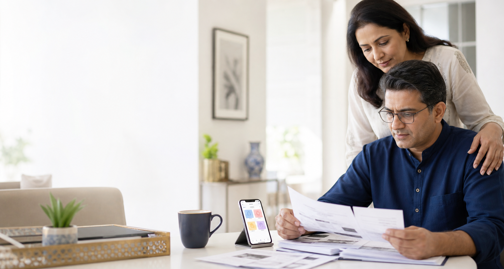 Family reviewing medical records beside a phone